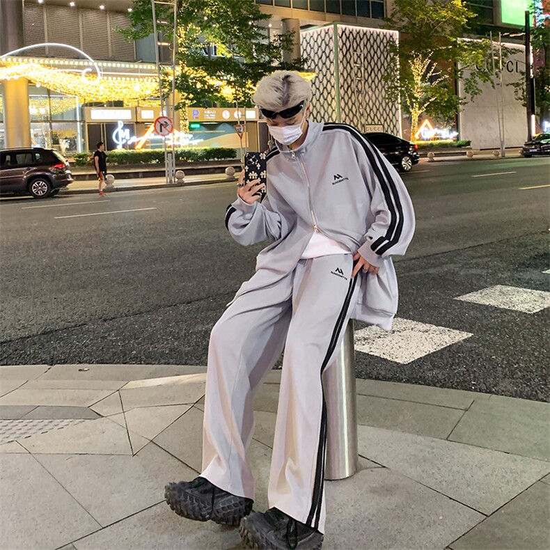 XZ301ATZ07港风撞色条纹学生休闲套装上衣P68控88裤子P50控68,男装休闲套装,星座301A
