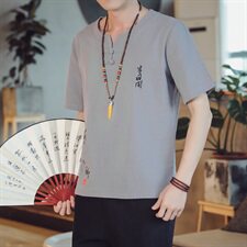T85*2021夏季男士中国风古风绣字棉麻盘扣短袖T恤衫白色*P38，男装T恤，星座1516（原B303）