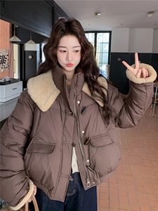 羊羔毛美拉德短款羽绒服女2025冬季新款咖色小个子翻领外套图片