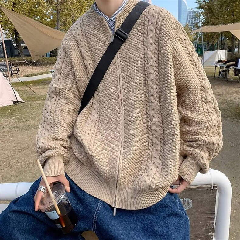 2023冬季潮小众拉链针织开衫男麻花扭花棒球领毛衣外套 M1231-P58图片