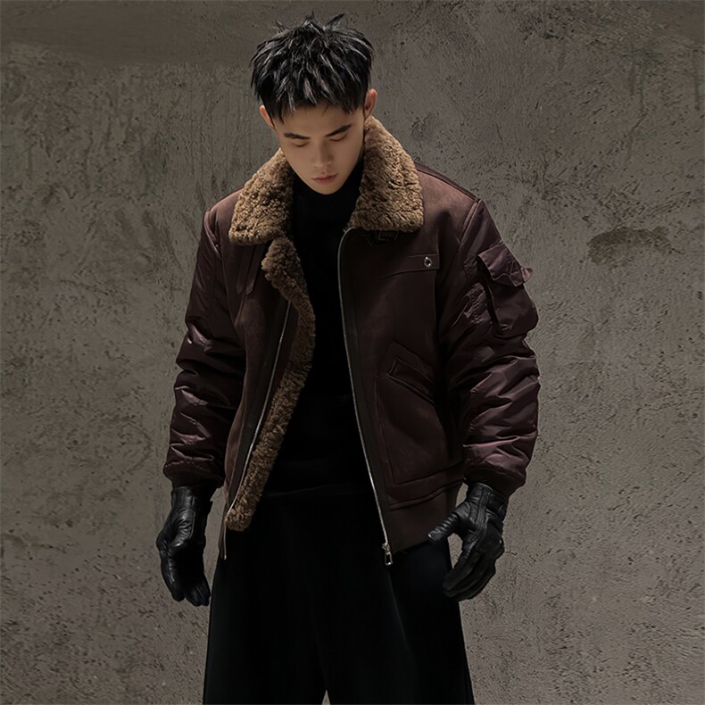 B31/P158控208冬季男士棉服外套加厚皮毛一体翻领机车棉衣芥拾紫1，男装棉衣，星座305B