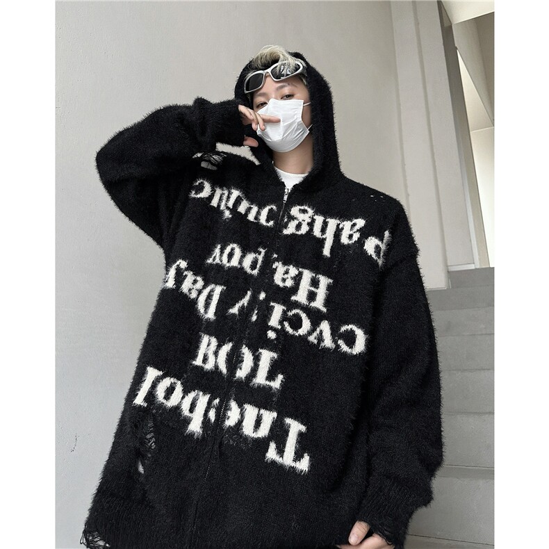 美式慵懒复古高街破洞连帽针织开衫男女毛衣宽松情侣拉链毛绒外套，男装针织衫/毛衣，星座1013