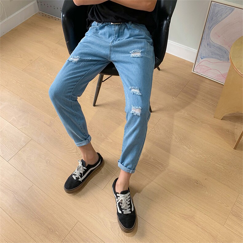 九分裤破洞秋季牛仔裤青少年水洗直筒insP30,男装牛仔裤,星座410-6（原星座1304-1）