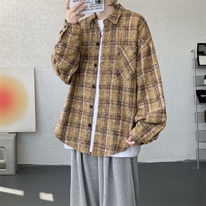 衬衫男秋季新款港风宽松大码格子扎染长袖衬衣CS506-P35
