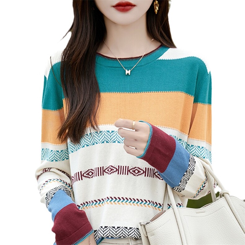 100%纯棉撞色条纹长袖针织衫女韩系圆领时尚内搭彩条毛衣棉线上衣,针织衫/毛衣,斯美雅电商供货