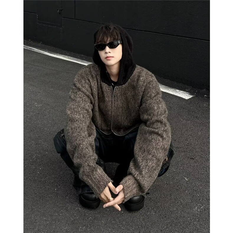 美式复古宽松开衫毛衣海马毛外套男撞色连帽高街针织衫MZ854-P62,男装针织衫/毛衣,星座412-3
