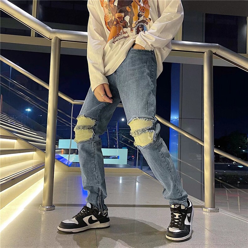 牛仔裤男夏季潮大码休闲裤子高街设计感裤子弹力布KJ01P48图片