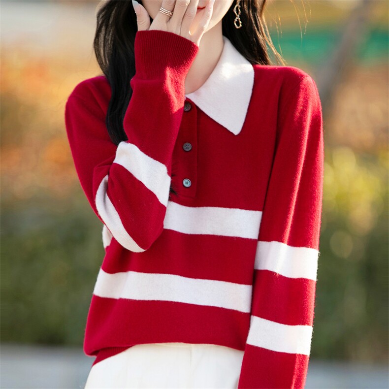 2025年春季时尚气质简约百搭条纹拼接针织衫，女装羊毛衫，哲奥羊绒