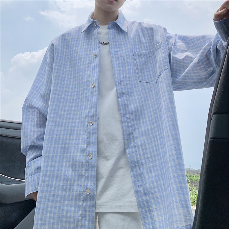 现货~格子大码长袖衬衫C5907/特P23浅蓝色,男装衬衫,电商A094