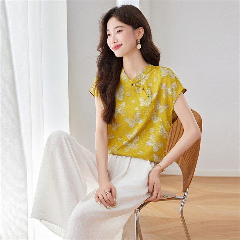 欧洲站2025年夏季新款时尚新中式盘扣碎花衬衫女立领短袖洋气小衫,女装衬衫,罗腾