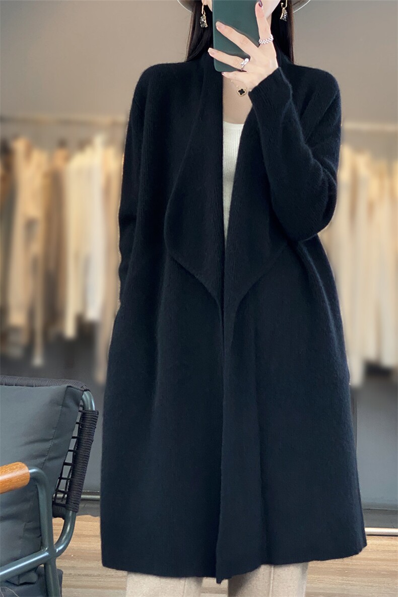 中长款翻领100%纯羊毛开衫女25秋冬宽松慵懒长袖外套针织羊绒大衣,女装羊毛衫,绒汀羊绒