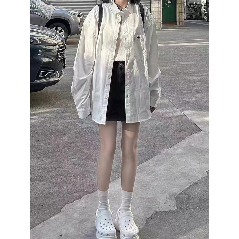 2025春秋款韩系印花高级白色纯棉衬衫女宽松百搭显瘦衬衣外穿开衫,男装衬衫,星座506A