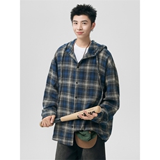 秋季百搭格子连帽时尚宽松大码长袖衬衫外套男C5535-特P38控75，男装衬衫，电商A001-1