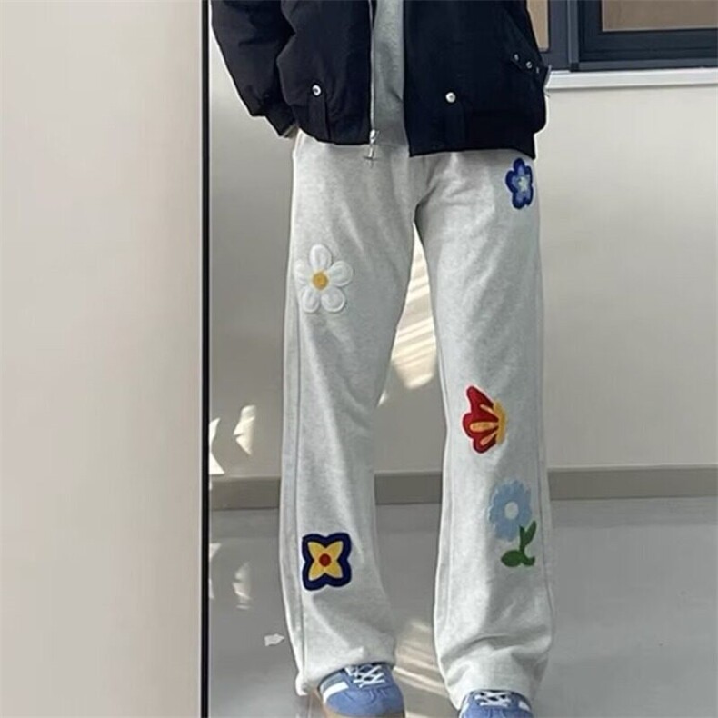 设计感花卉刺绣重磅卫裤男款春秋美式复古垂感直筒宽松休闲运动裤,男装休闲裤,星座410-7