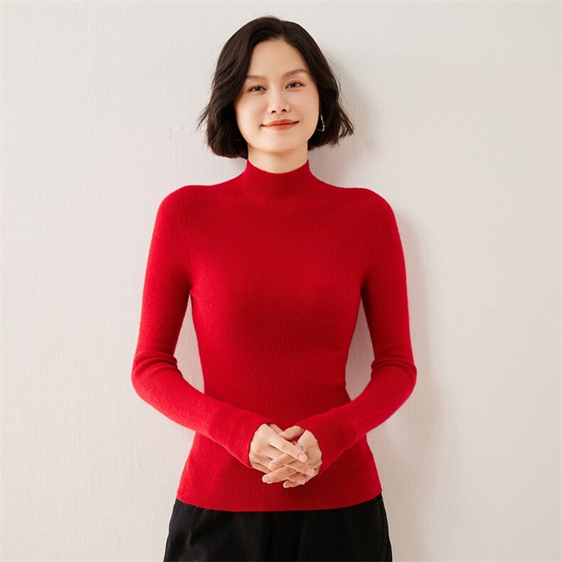 一线成衣无缝软糯感山羊绒衫女半高领抽条修身毛衣针织打底衫上衣,女装羊毛衫,伊绒腾羊绒