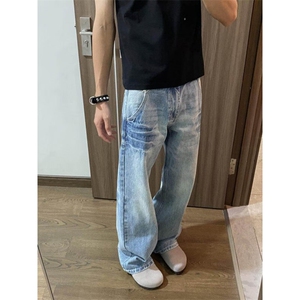 美式复古水洗裂纹牛仔裤男女宽松高街休闲长裤潮K7053-P47网络图图片