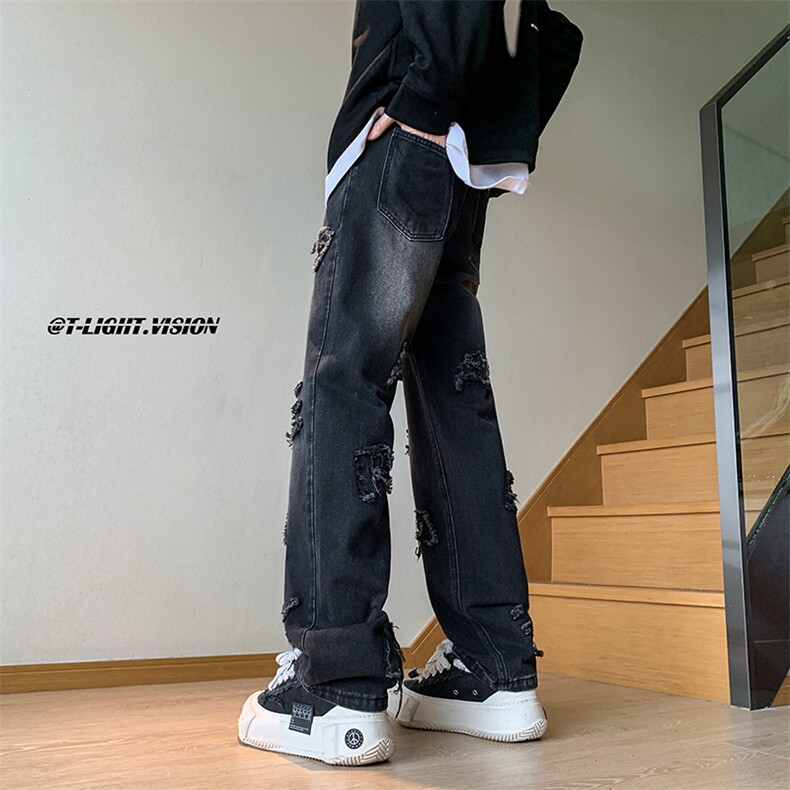 B221美式ins高街小众立体毛边字母直筒牛仔裤LK23025-P60控78,男装牛仔裤,电商B221