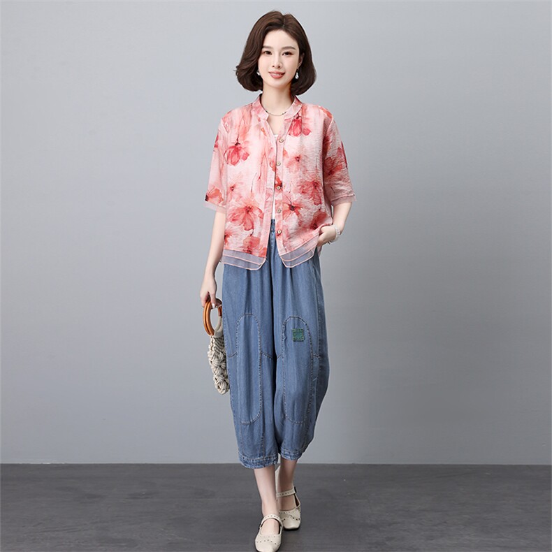 优雅复古印花短袖上衣+宽松牛仔裤套装女夏装新款时尚两件套,女装套装/套裙,叶笙衣