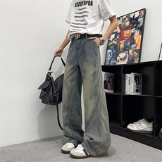 美式复古牛仔裤男士高街痞帅通勤废土风弯刀阔腿裤子RK2627-P51，男装牛仔裤，星座412-2