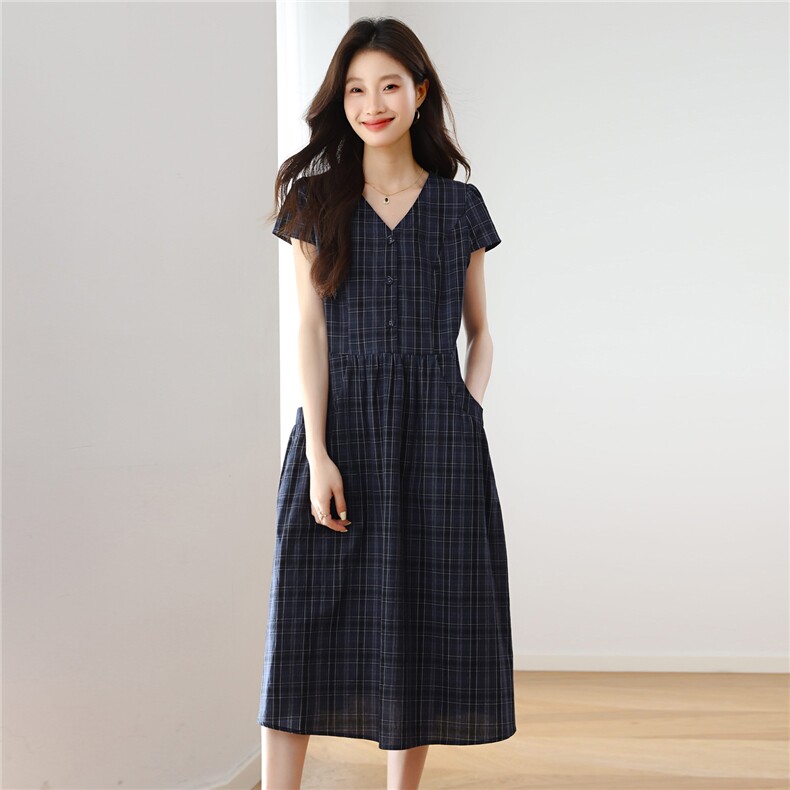 纯棉格子连衣裙女夏季2025新款大码宽松胖MM遮肚显瘦气质减龄裙子,女装连衣裙,依恋蒂丝