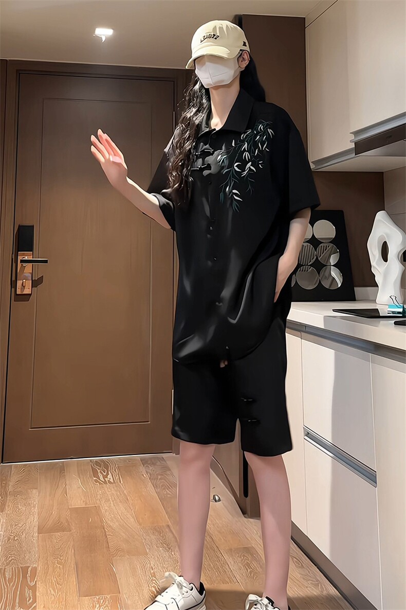 量大优供视频新风刺绣花冰丝短裤短袖套装衬衫男CP55-特p61,男装衬衫,电商B371