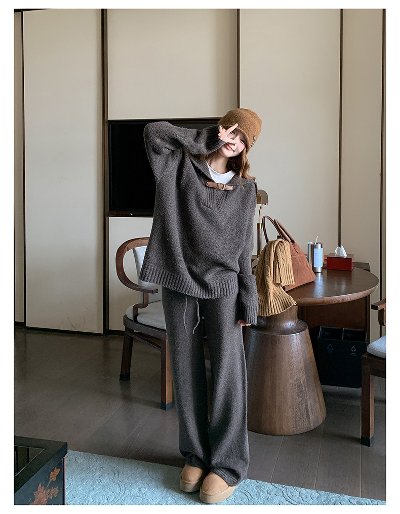 松弛感针织套装女冬巨好看翻领毛衣阔腿裤两件套,女装套装/套裙,浙宝160