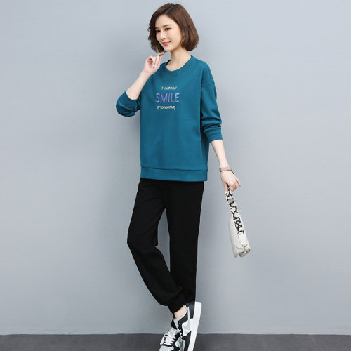 2022春季新款简约时尚气质圆领个性字母图案宽松休闲两件套,女装套装/套裙,丽影随形