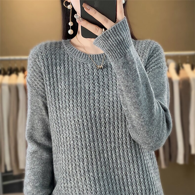 优雅女士秋冬羊毛圆领麦穗花纹毛衣,女装羊毛衫,秋虹羊绒