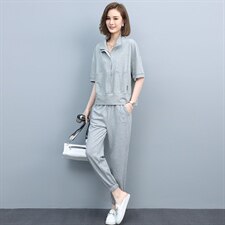 2023夏季新款简约休闲时尚立领上衣腰部个性松紧系带休闲裤两件套，女装套装/套裙，玛其路