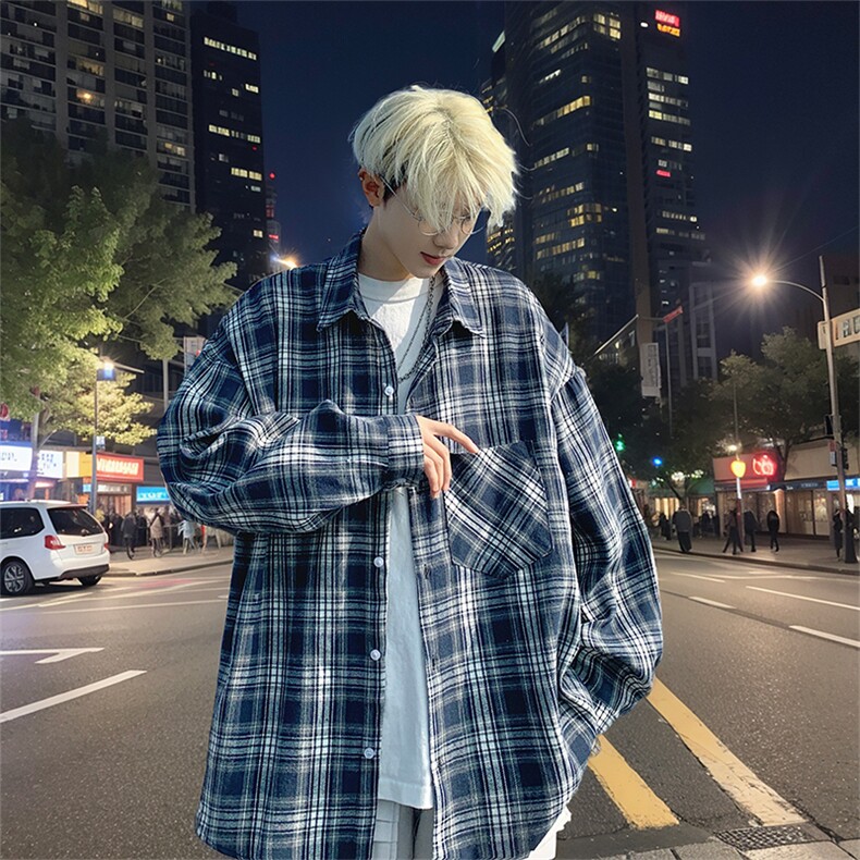 衬衫男秋季新款港风宽松大码磨毛格子长袖衬衣CS601-特P27,男装衬衫,星座214-3