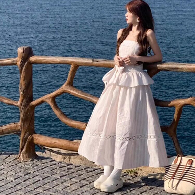 2025夏日海边度假风抹胸蝴蝶结系带气质连衣裙女学生收腰显瘦长裙，女装连衣裙，星座1210-1