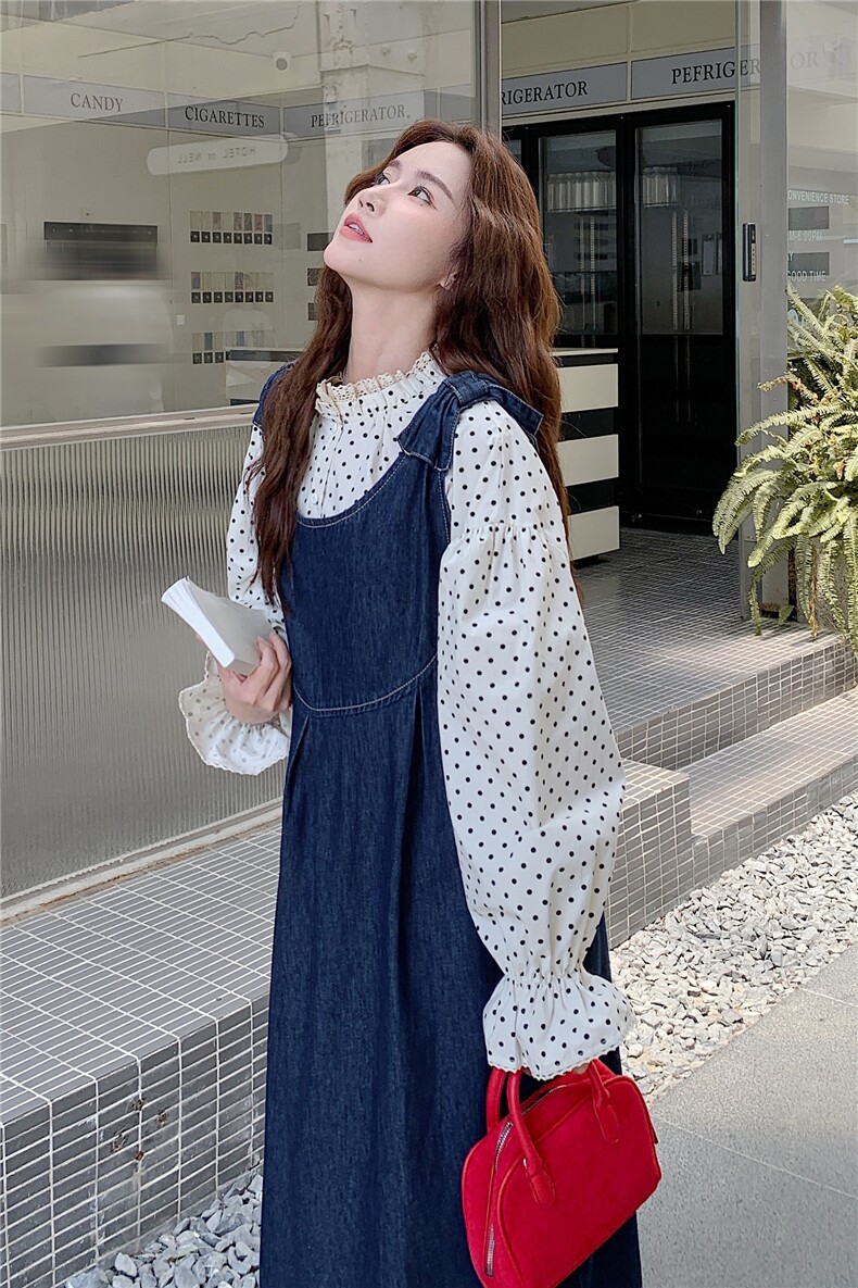 慵懒风减龄波点衬衫牛仔背带连衣裙套装女春秋新款日系宽松两件套,女装套装/套裙,2C056