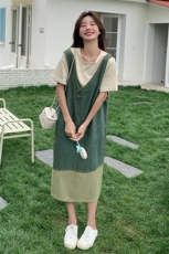短袖网红牛仔拼接背心裙两件套女夏季新款学院风设计感减龄连衣裙，女装套装/套裙，幸运星