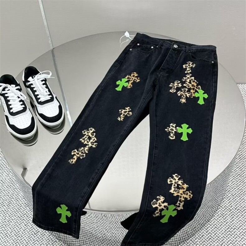 潮流欧货潮牌克罗经典彩色十字架拼皮牛仔裤男女同款时尚裤NZ7075,男装皮裤,星座516A