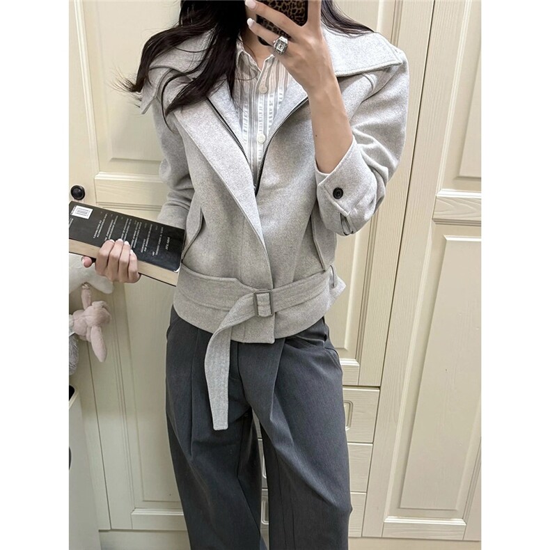 网图9926毛呢双层绑带外套浅灰色M到2XL,女装短外套,星座1210-1