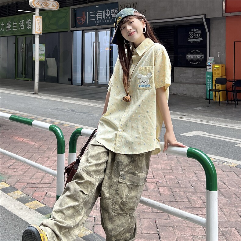 CEDY潮牌可爱趣味小兔短袖衬衫男女宽松慵懒风设计感vintage衬衣图片