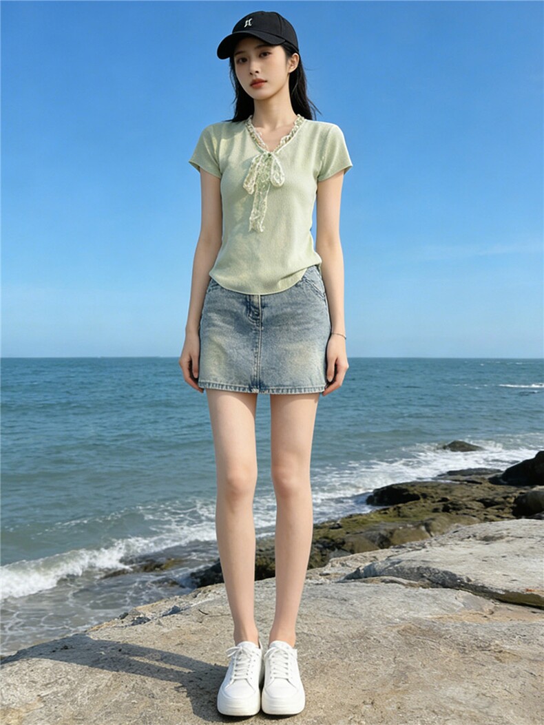 气质温柔风时尚套装裙女夏新款V领蕾丝拼接针织上衣牛仔裙两件套,女装套装/套裙,江南