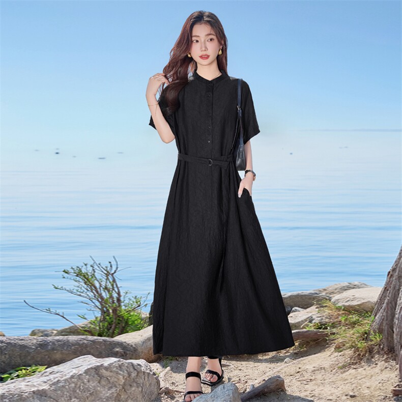 天丝连衣裙女夏季2025新款高端洋气时尚系带收腰显瘦气质复古裙子,女装连衣裙,缘衣格