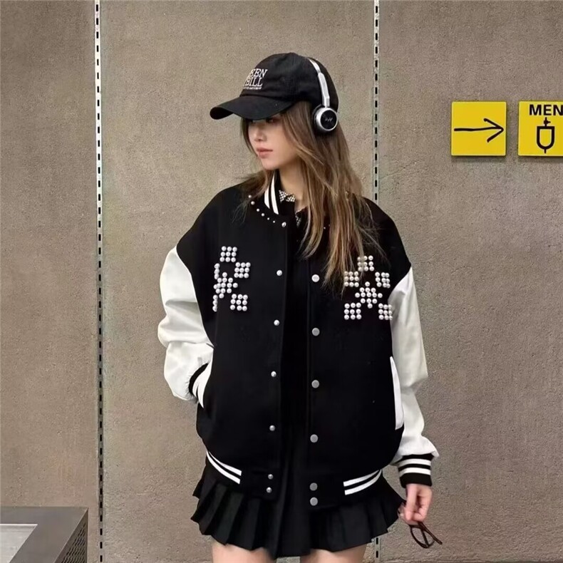 网图红色棒球服女珍珠钉珠重磅外套vintage夹克,男装夹克,星座410-7