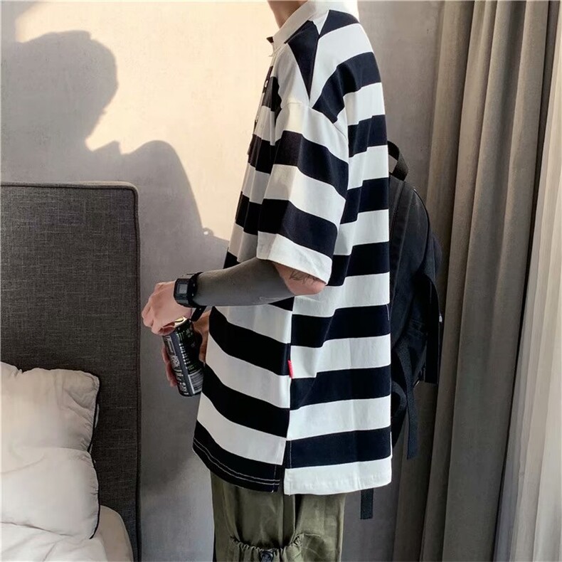条纹短袖POLO衫男日系夏季重磅翻领T恤休闲半袖男生上衣TT32/P34,男装T恤,星座506