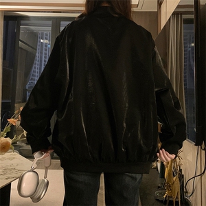 复古棒球服外套女春秋冬休闲宽松中长款立领机车夹克上衣C703-88图片