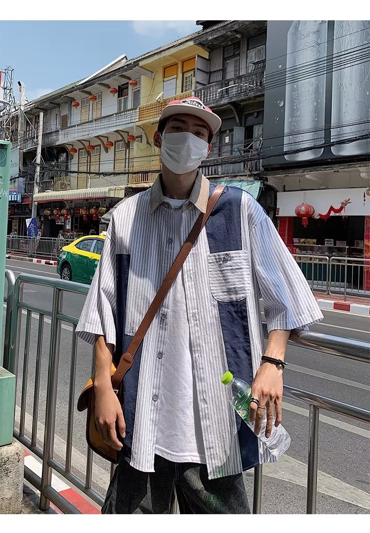 潮牌条纹短袖衬衫男夏季美式复古oversize学院风宽松休闲上衣HC10,男装衬衫,星座601-2