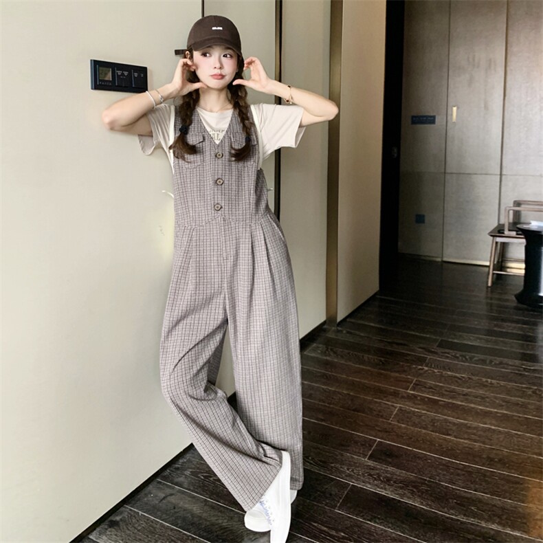 【春季新款】咖色格子连体衣阔腿背带裤C158-8633-P120-K178,女装休闲裤,2C158