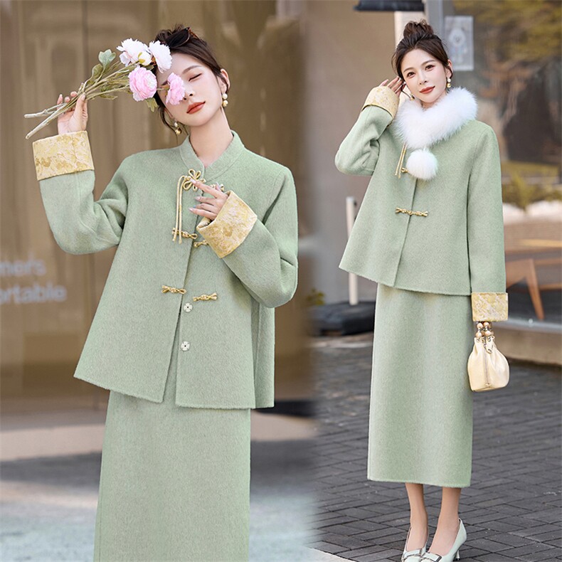 芷墨2025年冬季新款双面呢外套半身裙两件套装裙新中式盘扣套装，女装套装/套裙，芷墨服饰