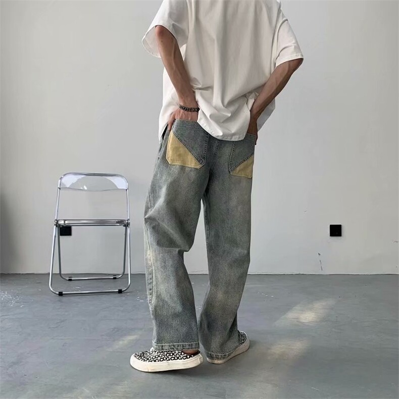 ins高街拼接牛仔裤男潮牌拖地裤韩版宽松直筒百搭阔腿裤N0137-P40图片
