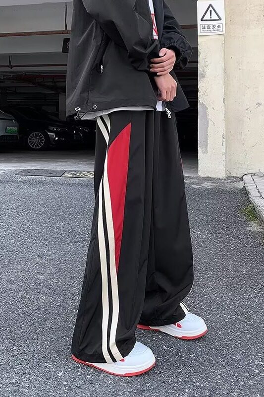 V1640-P45春季新款美式拼接条纹运动裤休闲阔腿裤宽松高街拖地裤,男装休闲裤,星座1608
