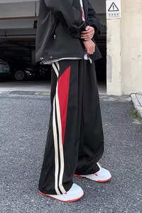 V1640-P45 春季新款美式拼接条纹运动裤休闲阔腿裤宽松高街拖地裤图片