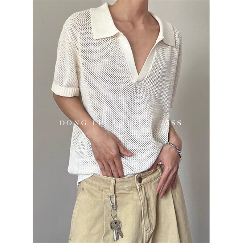 法式V领镂空polo衫男夏季ins休闲百搭通勤慵懒短袖针织衫Z98，男装Polo衫，星座1116A-2（原606A-1）