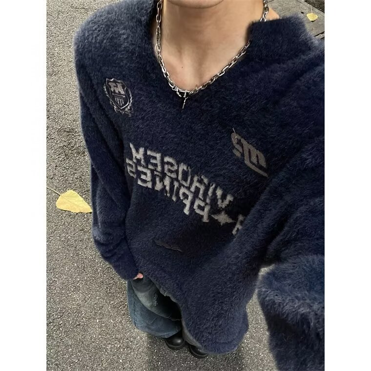 复古美式运动风毛衣男女宽松高级感徽章印花V领球服针织上衣外套,男装针织衫/毛衣,星座813-2