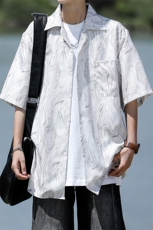 8XL-M冰丝古着感波浪纹短袖衬衫男宽松休闲沙滩古巴领衬衣CS528，男装衬衫，电商D206-1